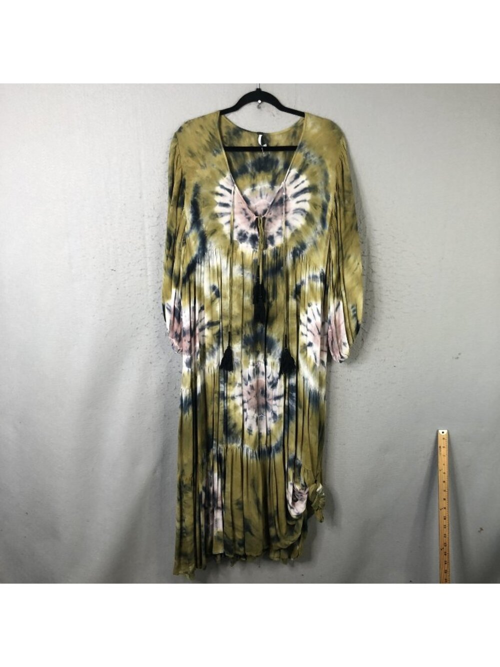 YFB Dress Womens M Multicolor Tie Dye Kaftan Maxi Tassel Boho Hippie Festival